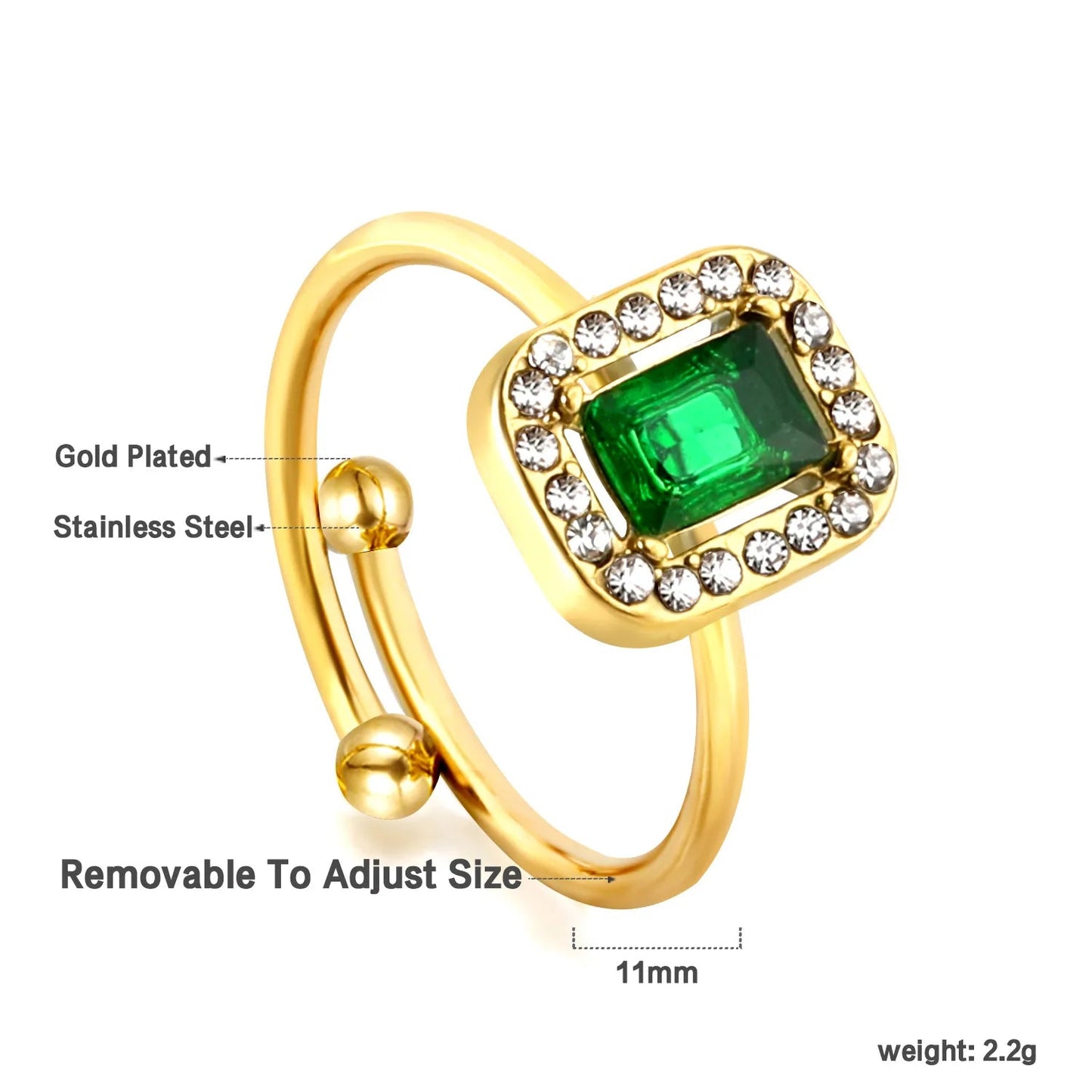 Gold Open Cuff Solitaire Ring Size #8 Height 11mm CNC Inlaid White Zircon & Green Diamond Elegant Fashion Ring for Women Daily Casual Party Wear Jewelry asonjewelry