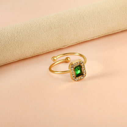 Gold Open Cuff Solitaire Ring Size #8 Height 11mm CNC Inlaid White Zircon & Green Diamond Elegant Fashion Ring for Women Daily Casual Party Wear Jewelry asonjewelry
