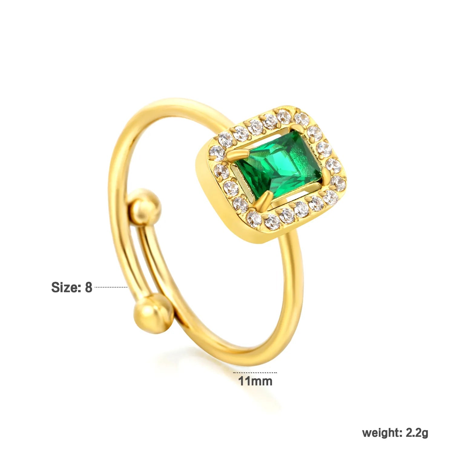 Gold Open Cuff Solitaire Ring Size #8 Height 11mm CNC Inlaid White Zircon & Green Diamond Elegant Fashion Ring for Women Daily Casual Party Wear Jewelry asonjewelry