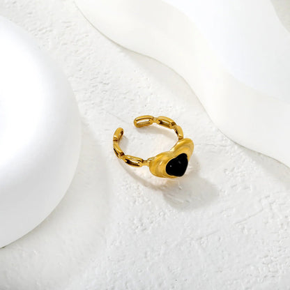 11.5 mm high heart-shaped black agate stud ring in gold, size 7# asonjewelry
