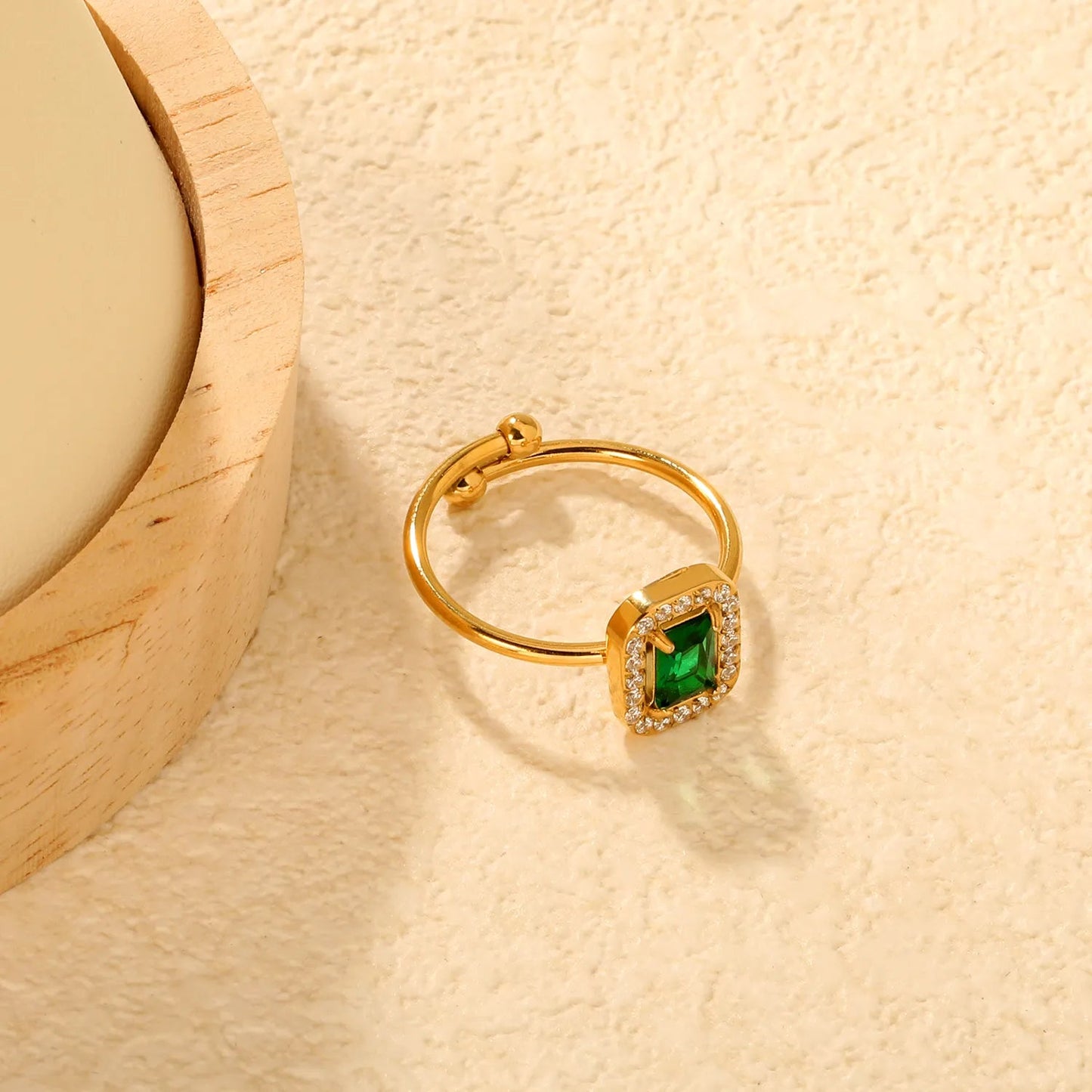 Gold Open Cuff Solitaire Ring Size #8 Height 11mm CNC Inlaid White Zircon & Green Diamond Elegant Fashion Ring for Women Daily Casual Party Wear Jewelry asonjewelry