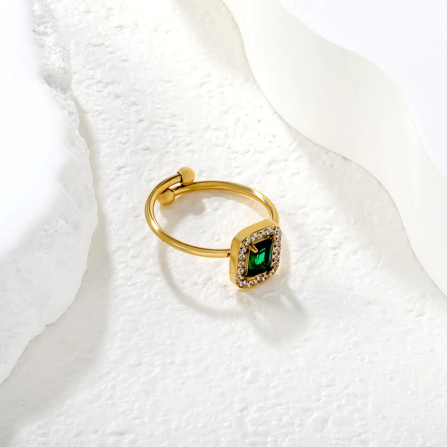 Gold Open Cuff Solitaire Ring Size #8 Height 11mm CNC Inlaid White Zircon & Green Diamond Elegant Fashion Ring for Women Daily Casual Party Wear Jewelry asonjewelry