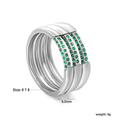 Steel Color Band Ring Size #6-8 Height 9.5mm Hollow Three Rows Emerald Diamond Inlaid Elegant Fashion Ring for Women Daily Casual Party Office Wear Jewelry asonjewelry