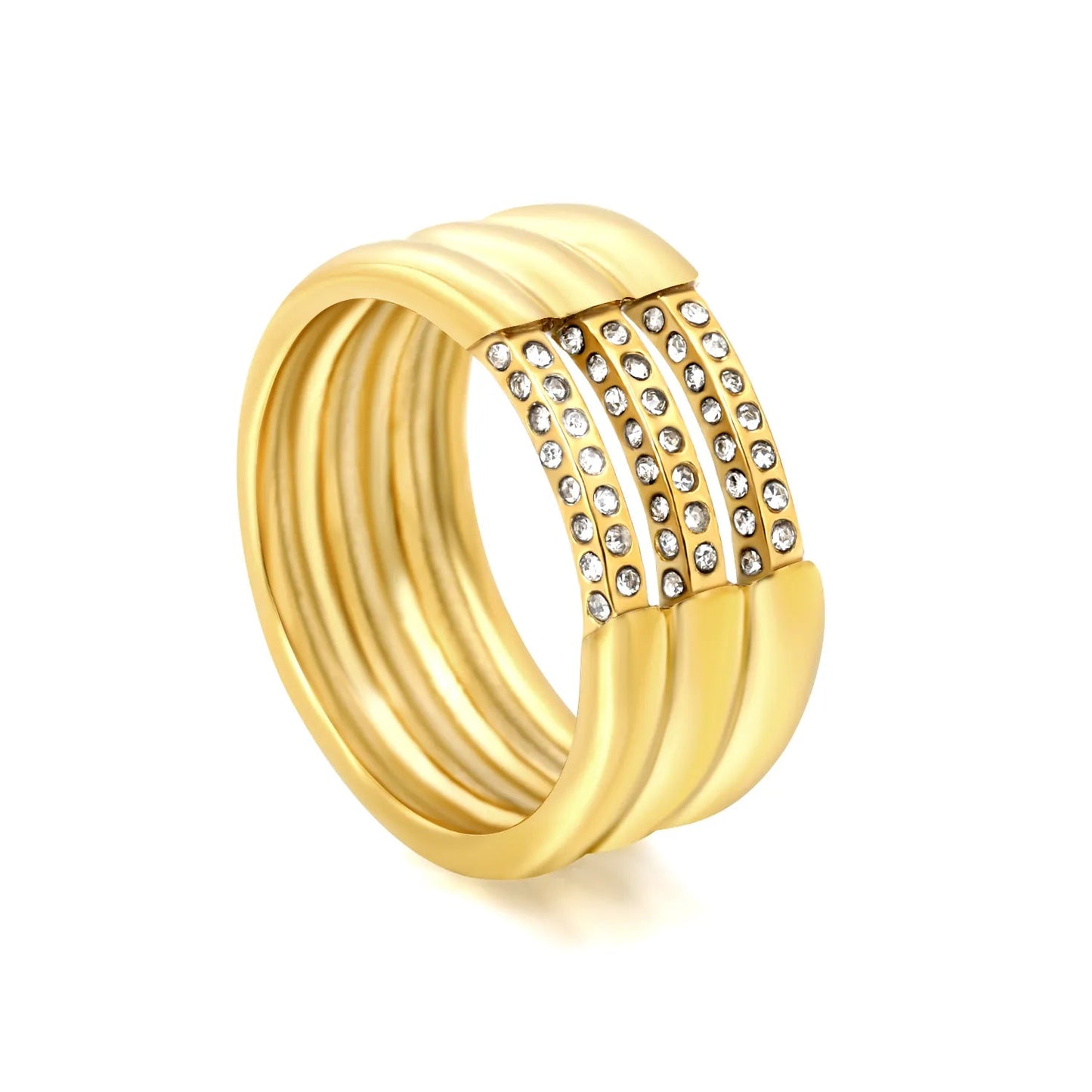 Gold Band Ring Size #6-8 Height 9.5mm Hollow Three Rows Emerald Diamond Inlaid Elegant Fashion Ring for Women Daily Casual Party Office Wear Jewelry asonjewelry