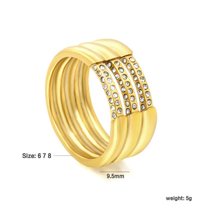 Gold Band Ring Size #6-8 Height 9.5mm Hollow Three Rows Emerald Diamond Inlaid Elegant Fashion Ring for Women Daily Casual Party Office Wear Jewelry asonjewelry