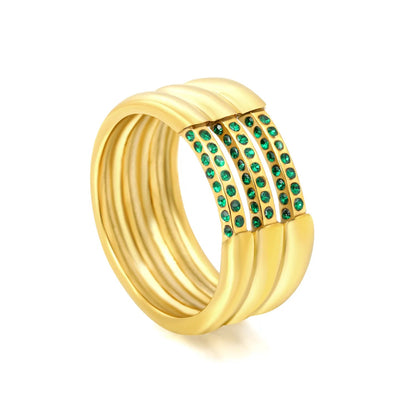 Gold Band Ring Size #6-8 Height 9.5mm Hollow Three Rows Emerald Diamond Inlaid Elegant Fashion Ring for Women Daily Casual Party Office Wear Jewelry asonjewelry