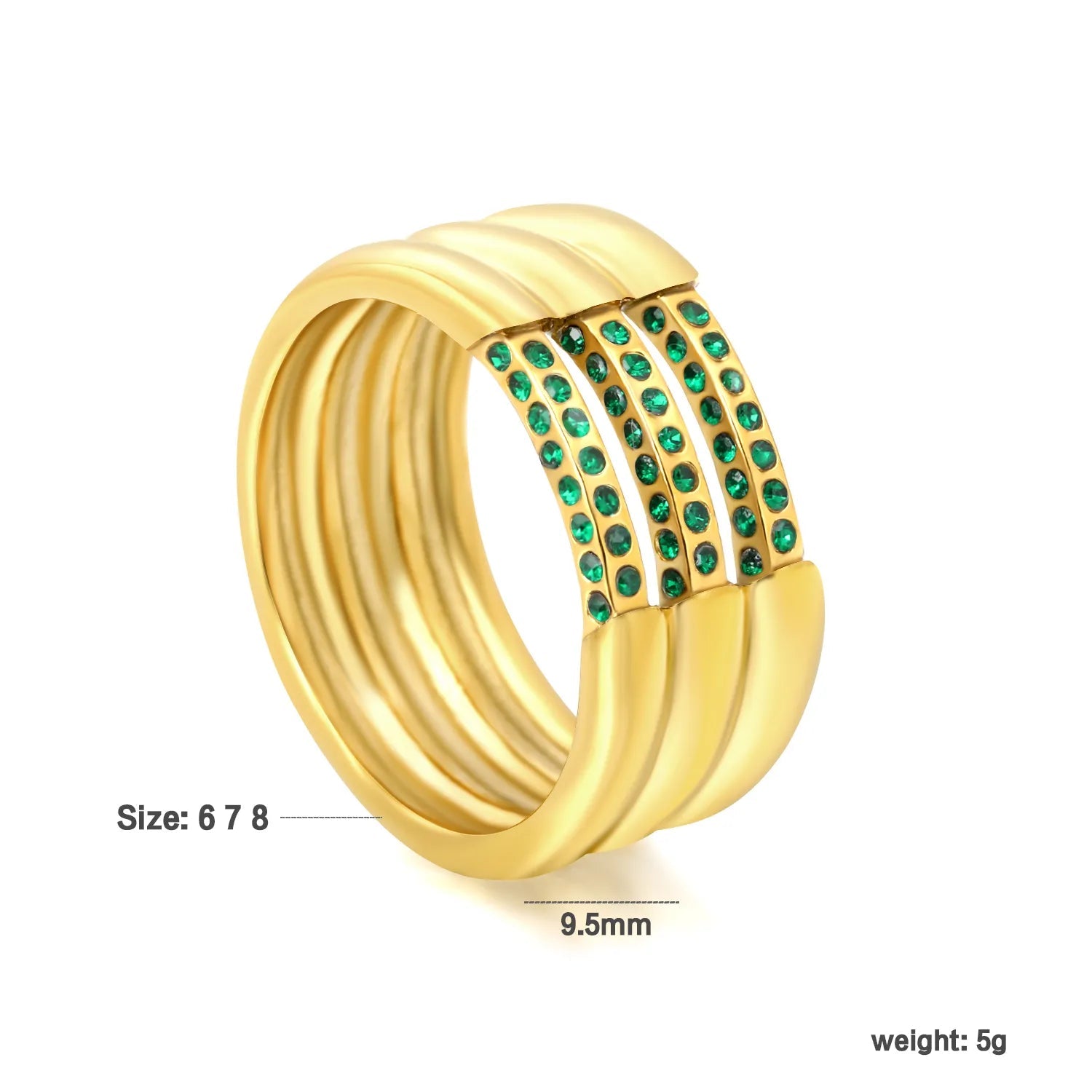 Gold Band Ring Size #6-8 Height 9.5mm Hollow Three Rows Emerald Diamond Inlaid Elegant Fashion Ring for Women Daily Casual Party Office Wear Jewelry asonjewelry