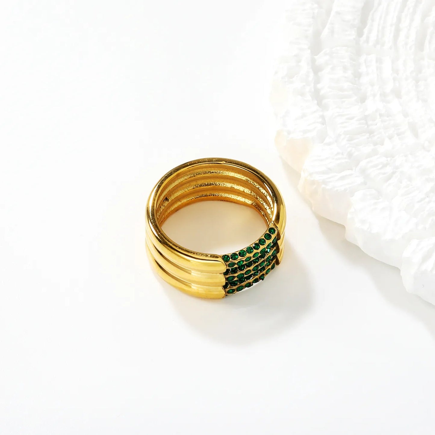 Gold Band Ring Size #6-8 Height 9.5mm Hollow Three Rows Emerald Diamond Inlaid Elegant Fashion Ring for Women Daily Casual Party Office Wear Jewelry asonjewelry