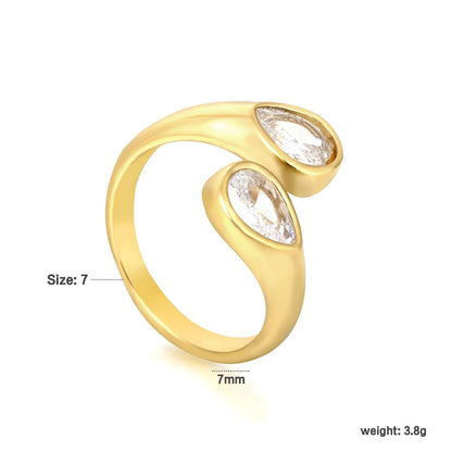 Gold Open Cuff Ring Size #7 With 7mm Teardrop White Zircon Elegant Zircon Inlaid Minimalist Ring for Women Daily Casual Party Wear Fashion Jewelry asonjewelry