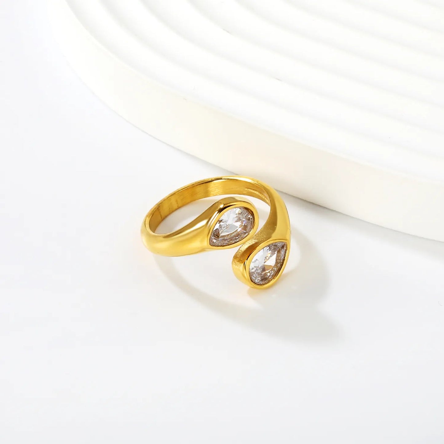 Gold Open Cuff Ring Size #7 With 7mm Teardrop White Zircon Elegant Zircon Inlaid Minimalist Ring for Women Daily Casual Party Wear Fashion Jewelry asonjewelry