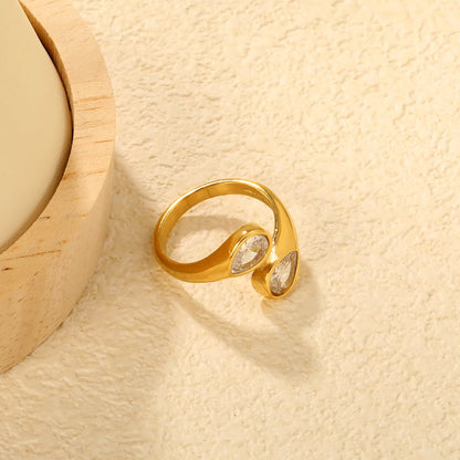Gold Open Cuff Ring Size #7 With 7mm Teardrop White Zircon Elegant Zircon Inlaid Minimalist Ring for Women Daily Casual Party Wear Fashion Jewelry asonjewelry