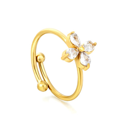 Gold Open Cuff Ring Size #7 11mm Floral Design With White Zircon Inlaid Elegant Fashion Ring for Women Daily Casual Party Office Wear Jewelry asonjewelry