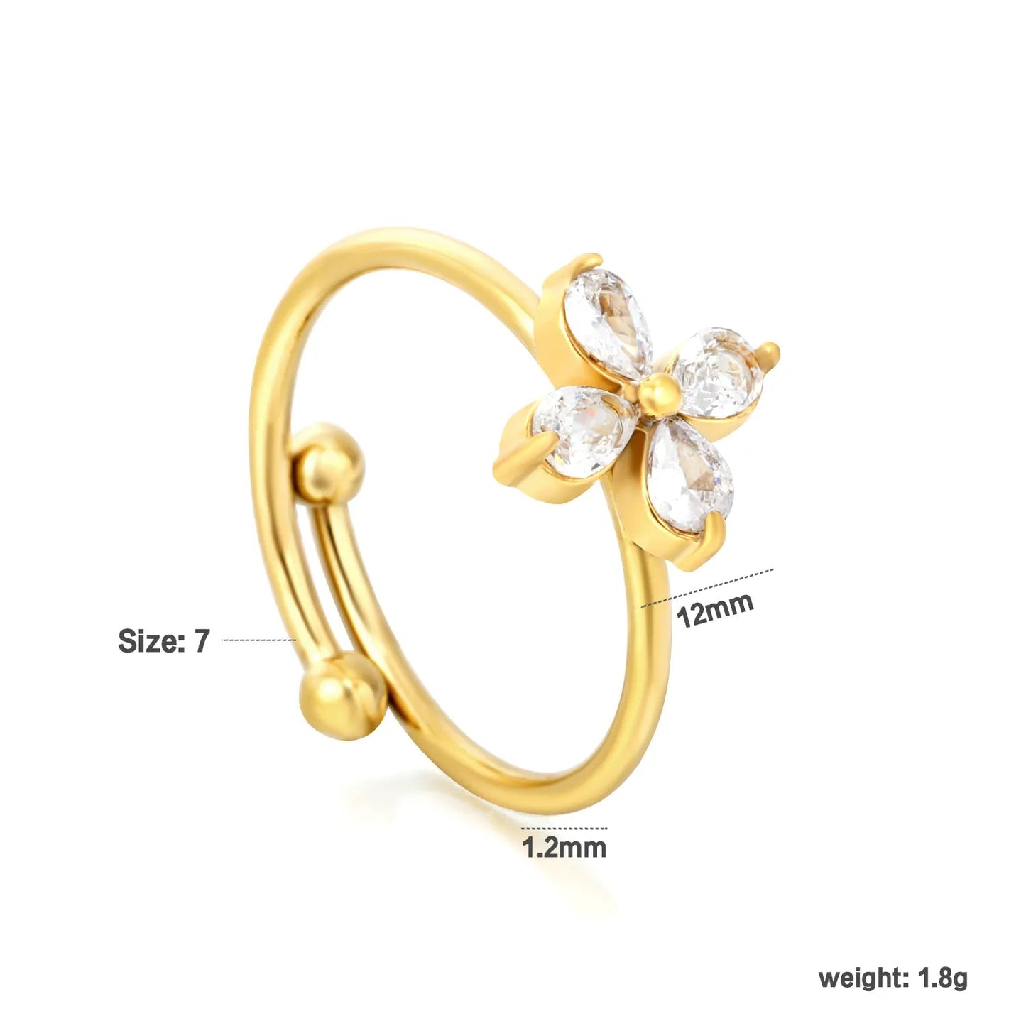 Gold Open Cuff Ring Size #7 11mm Floral Design With White Zircon Inlaid Elegant Fashion Ring for Women Daily Casual Party Office Wear Jewelry asonjewelry
