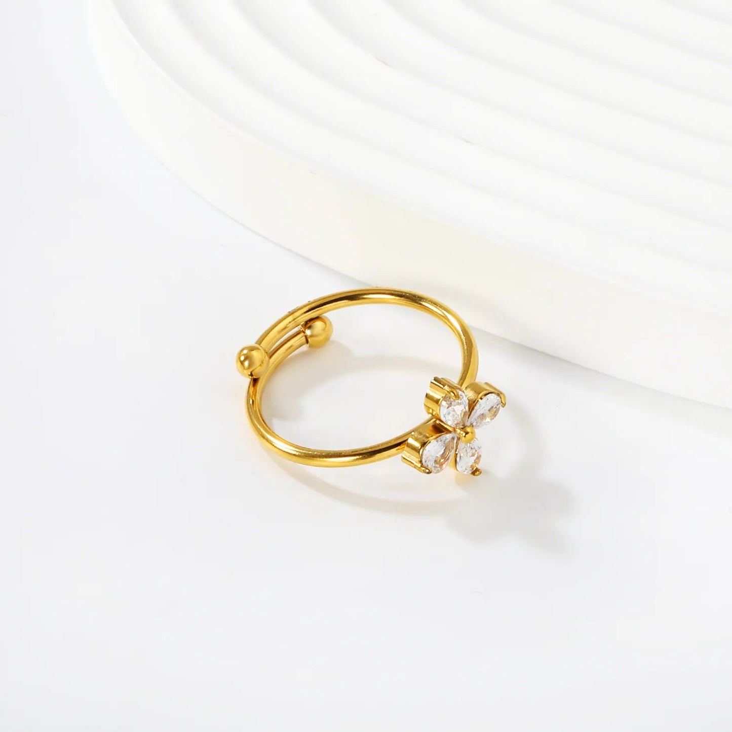 Gold Open Cuff Ring Size #7 11mm Floral Design With White Zircon Inlaid Elegant Fashion Ring for Women Daily Casual Party Office Wear Jewelry asonjewelry