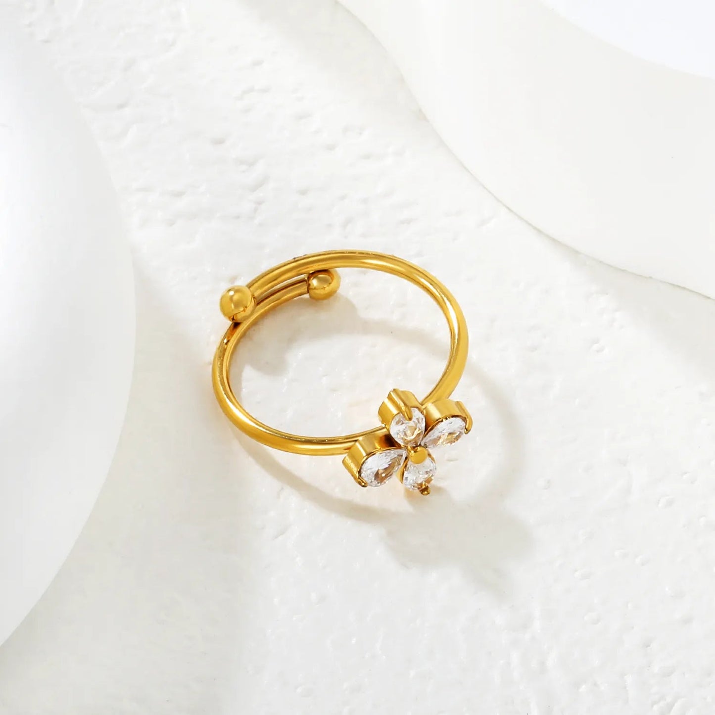 Gold Open Cuff Ring Size #7 11mm Floral Design With White Zircon Inlaid Elegant Fashion Ring for Women Daily Casual Party Office Wear Jewelry asonjewelry