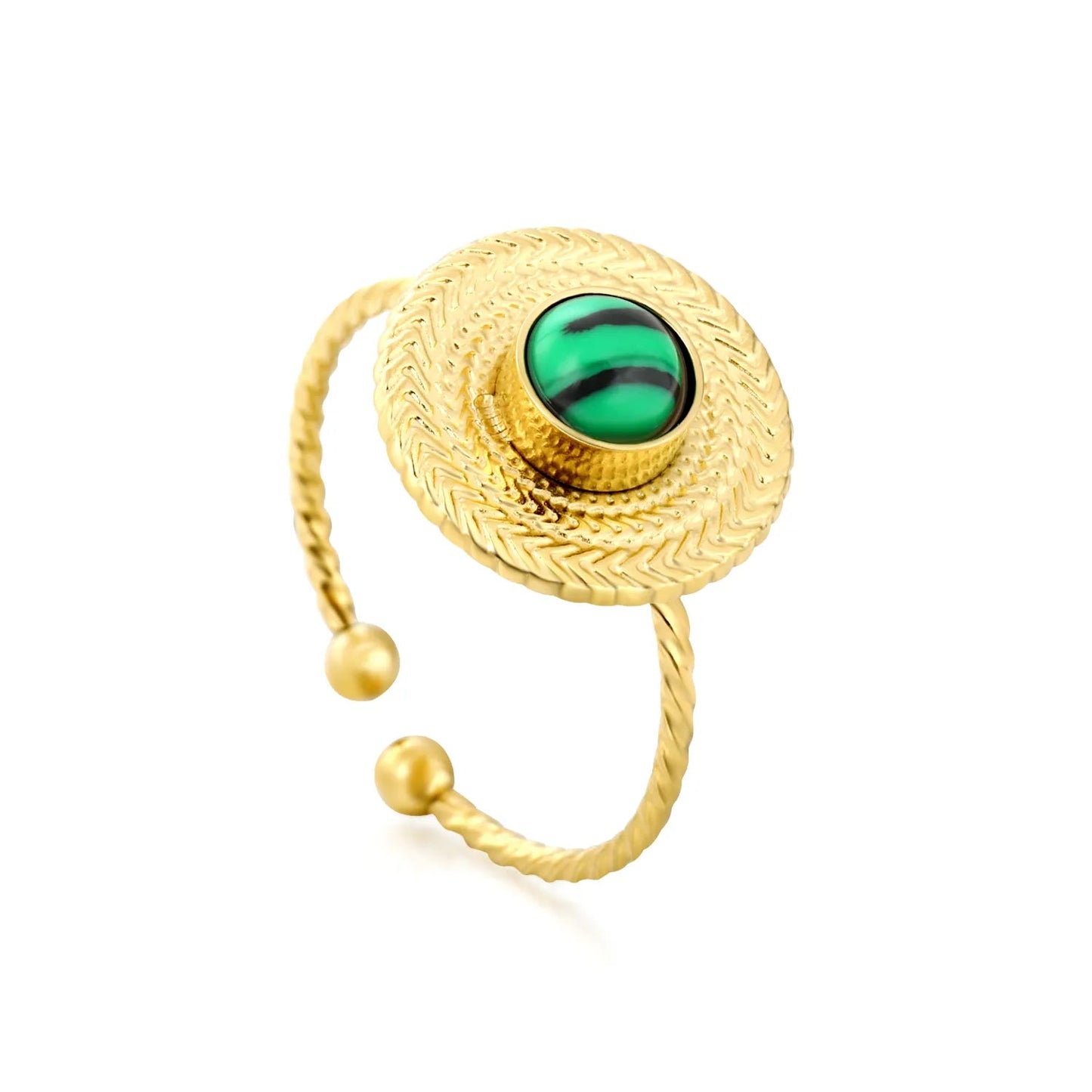 Gold Open Cuff Ring Size #7 Height 13.5mm Round Cap With Green Malachite Inlaid Elegant Fashion Ring for Women Daily Casual Party Office Wear Jewelry asonjewelry