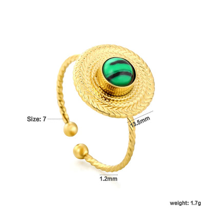 Gold Open Cuff Ring Size #7 Height 13.5mm Round Cap With Green Malachite Inlaid Elegant Fashion Ring for Women Daily Casual Party Office Wear Jewelry asonjewelry