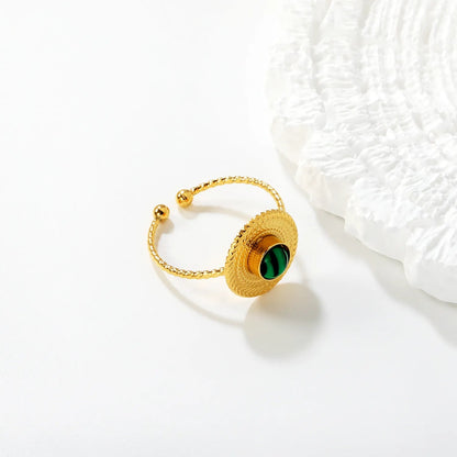 Gold Open Cuff Ring Size #7 Height 13.5mm Round Cap With Green Malachite Inlaid Elegant Fashion Ring for Women Daily Casual Party Office Wear Jewelry asonjewelry
