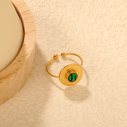 Gold Open Cuff Ring Size #7 Height 13.5mm Round Cap With Green Malachite Inlaid Elegant Fashion Ring for Women Daily Casual Party Office Wear Jewelry asonjewelry
