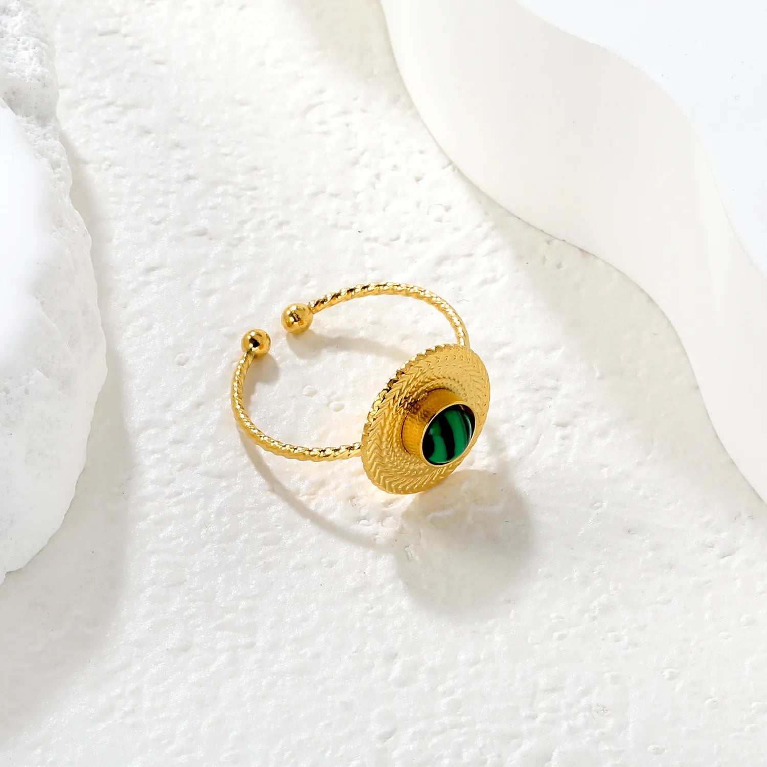 Gold Open Cuff Ring Size #7 Height 13.5mm Round Cap With Green Malachite Inlaid Elegant Fashion Ring for Women Daily Casual Party Office Wear Jewelry asonjewelry