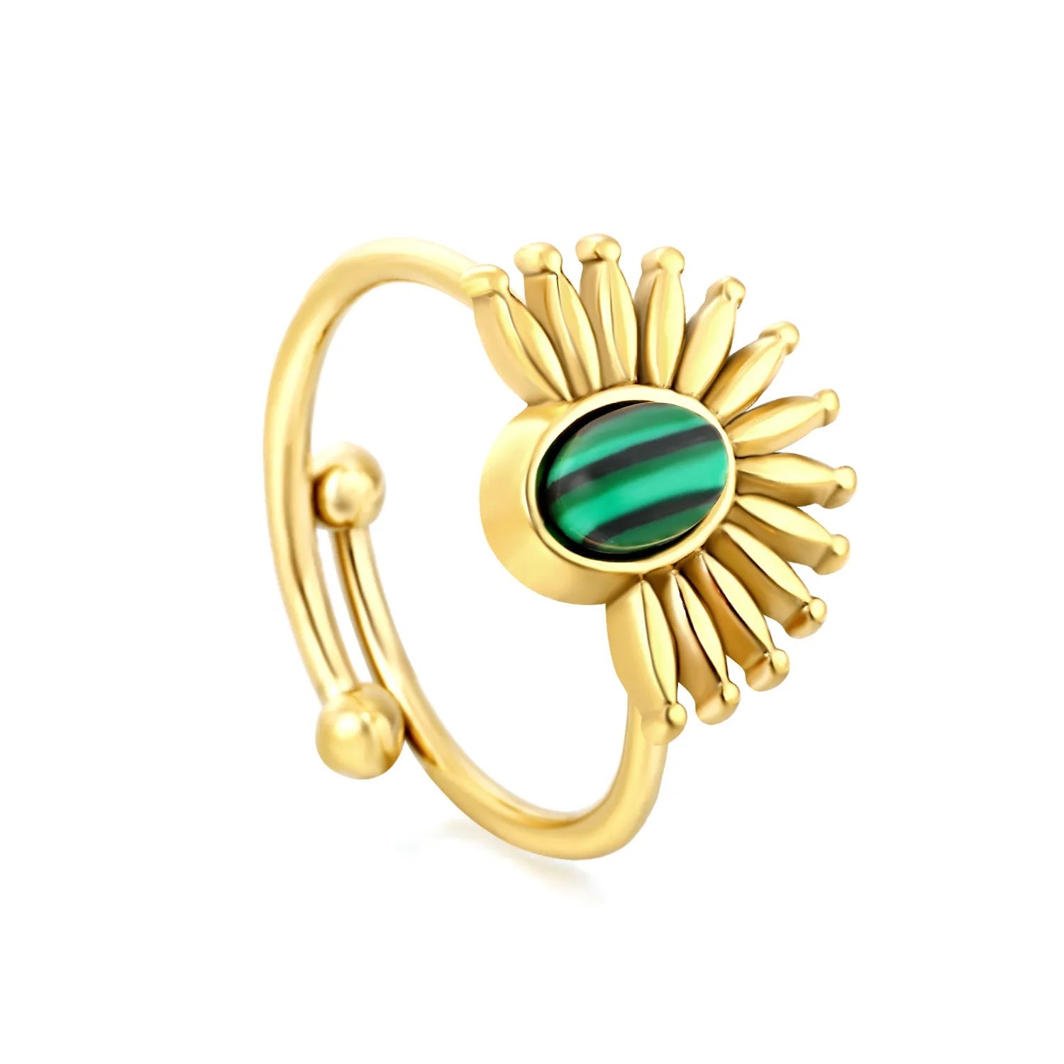 Gold Open Cuff Ring Size #7 Height 13mm Half Sunflower With Green Malachite Inlaid Elegant Fashion Ring for Women Daily Casual Party Office Wear Jewelry asonjewelry