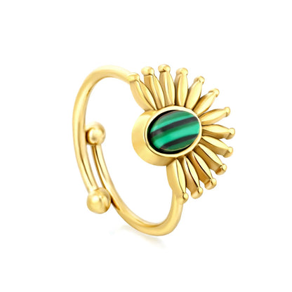 Gold Open Cuff Ring Size #7 Height 13mm Half Sunflower With Green Malachite Inlaid Elegant Fashion Ring for Women Daily Casual Party Office Wear Jewelry asonjewelry