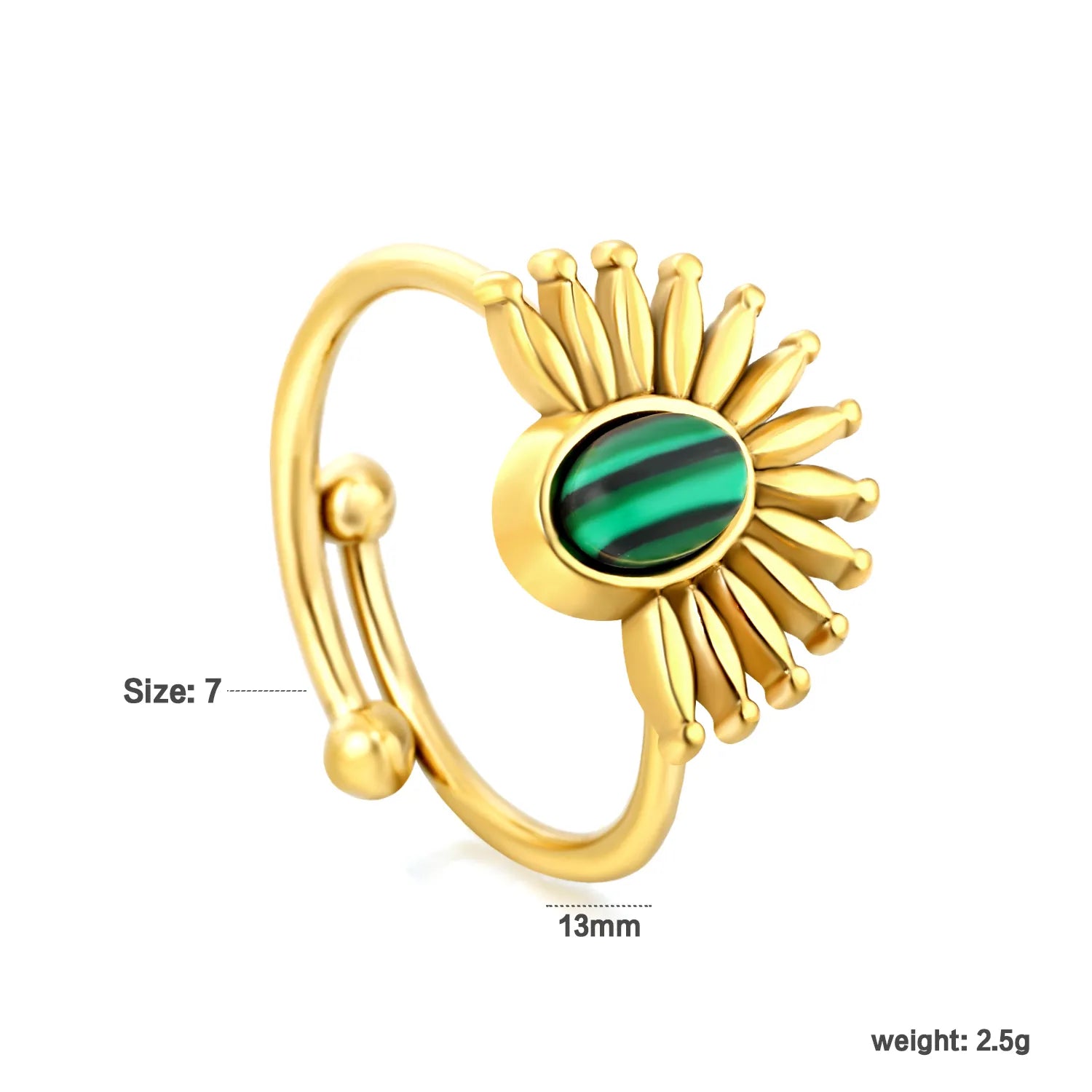 Gold Open Cuff Ring Size #7 Height 13mm Half Sunflower With Green Malachite Inlaid Elegant Fashion Ring for Women Daily Casual Party Office Wear Jewelry asonjewelry