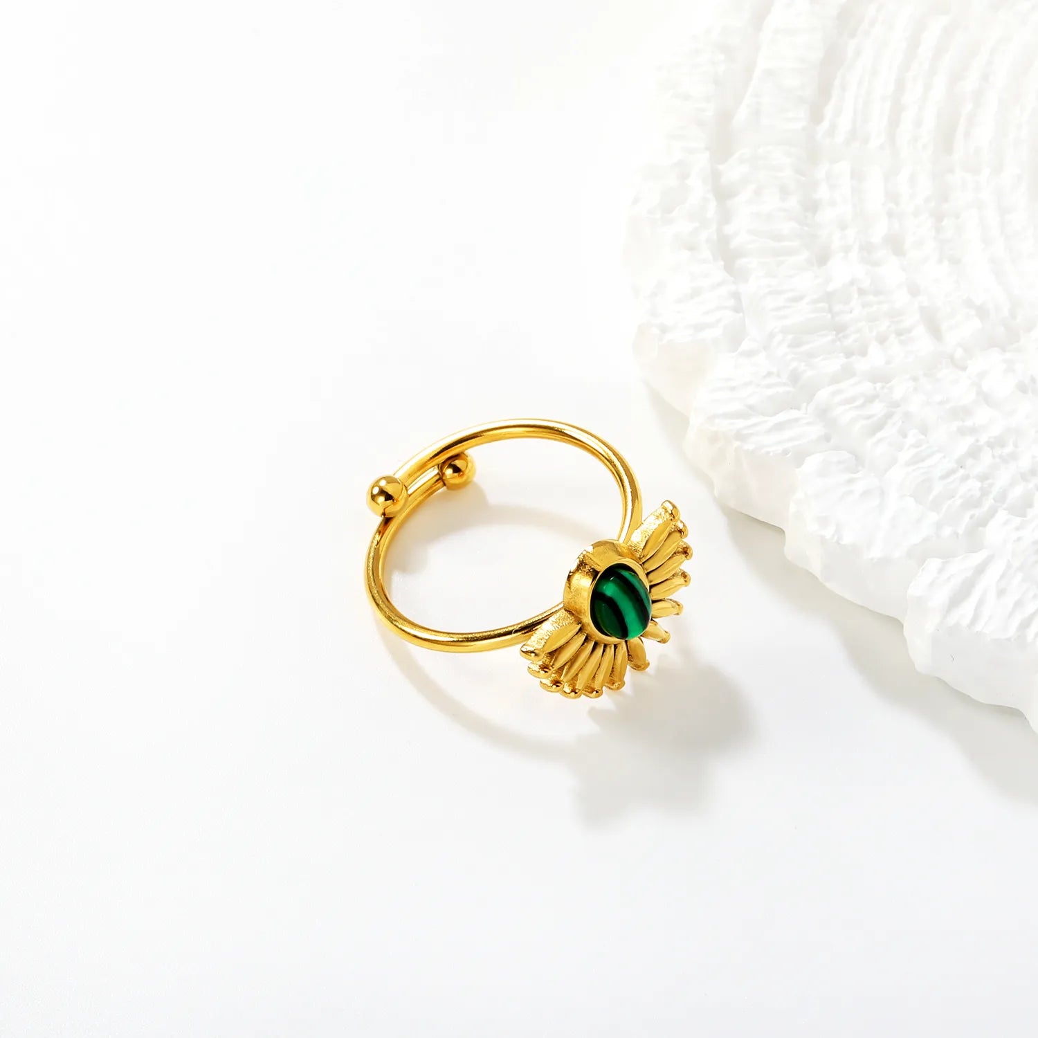 Gold Open Cuff Ring Size #7 Height 13mm Half Sunflower With Green Malachite Inlaid Elegant Fashion Ring for Women Daily Casual Party Office Wear Jewelry asonjewelry