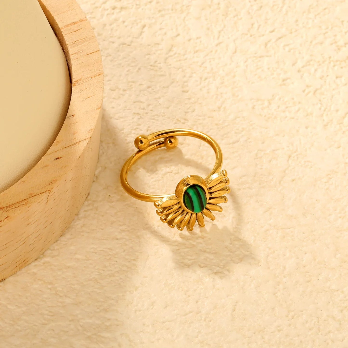 Gold Open Cuff Ring Size #7 Height 13mm Half Sunflower With Green Malachite Inlaid Elegant Fashion Ring for Women Daily Casual Party Office Wear Jewelry asonjewelry