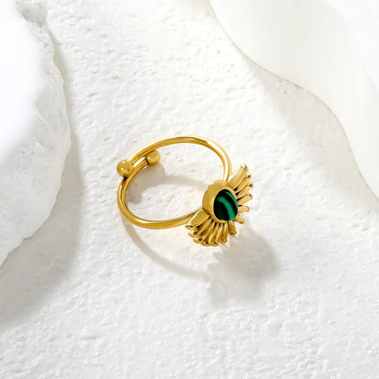 Gold Open Cuff Ring Size #7 Height 13mm Half Sunflower With Green Malachite Inlaid Elegant Fashion Ring for Women Daily Casual Party Office Wear Jewelry asonjewelry