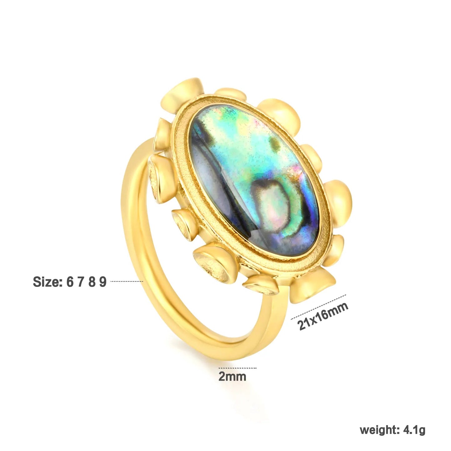 Gold Band Ring Size #6-9 21*16mm Blue Abalone Shell Inlaid Elegant Natural Shell Design Ring for Women Daily Casual Party Office Wear Fashion Jewelry asonjewelry
