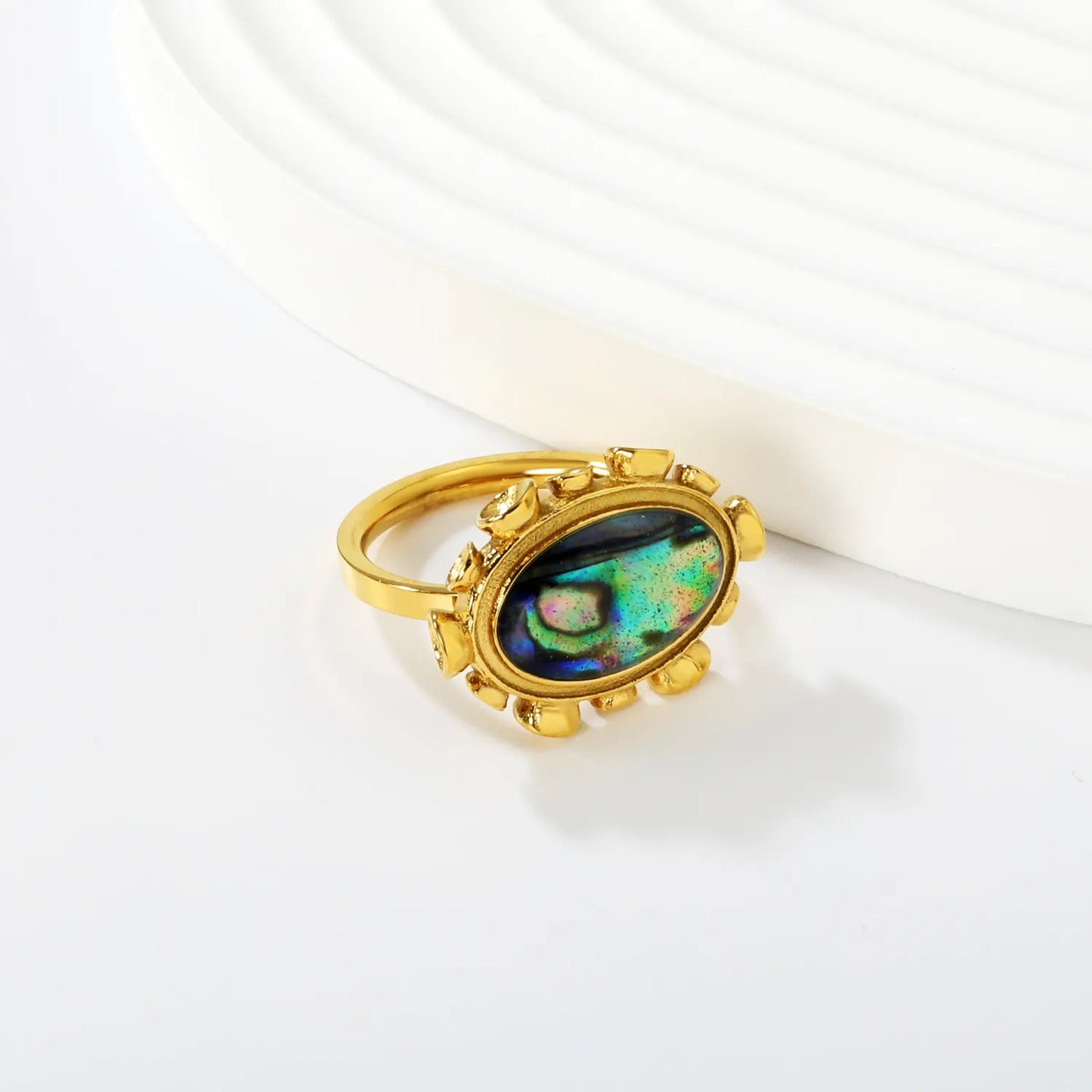 Gold Band Ring Size #6-9 21*16mm Blue Abalone Shell Inlaid Elegant Natural Shell Design Ring for Women Daily Casual Party Office Wear Fashion Jewelry asonjewelry