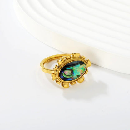 Gold Band Ring Size #6-9 21*16mm Blue Abalone Shell Inlaid Elegant Natural Shell Design Ring for Women Daily Casual Party Office Wear Fashion Jewelry asonjewelry