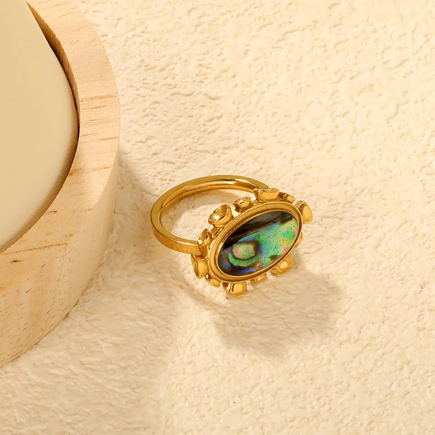 Gold Band Ring Size #6-9 21*16mm Blue Abalone Shell Inlaid Elegant Natural Shell Design Ring for Women Daily Casual Party Office Wear Fashion Jewelry asonjewelry