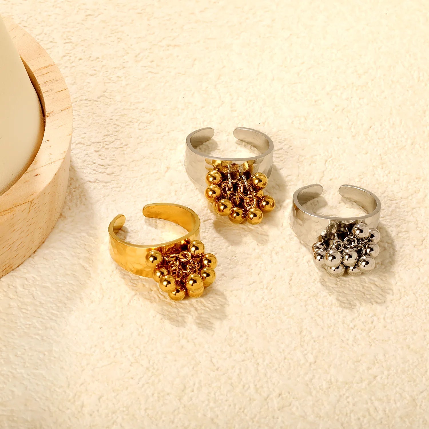 9.4mm high, color-matched French-style fringed round bead open ring, steel color, interwoven gold asonjewelry