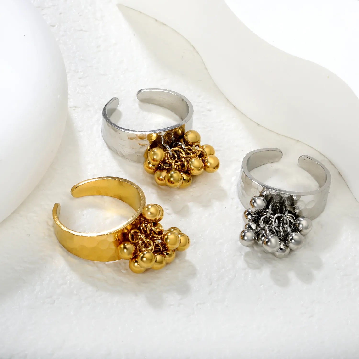 9.4mm high, color-matched French-style fringed round bead open ring, steel color, interwoven gold asonjewelry