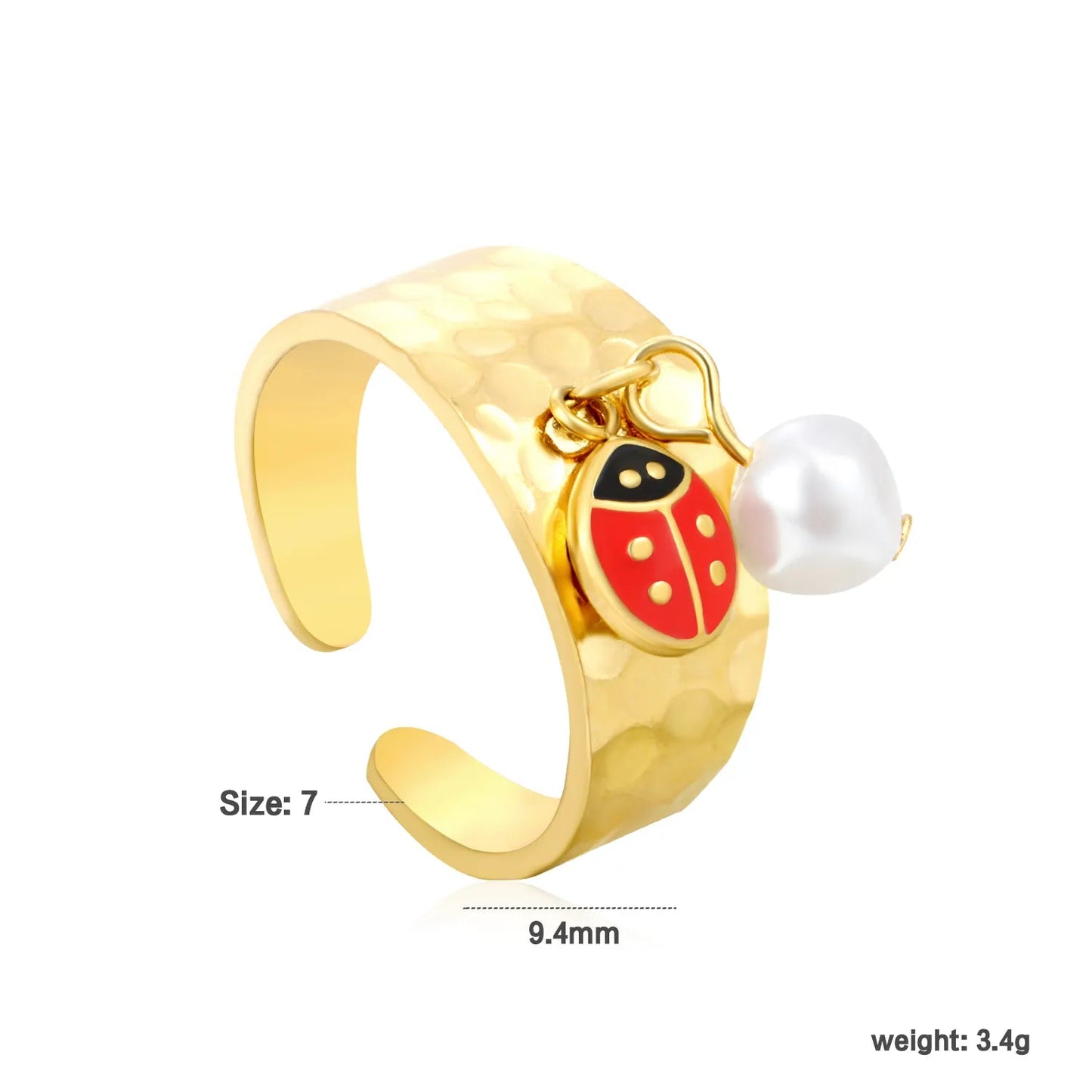 9.4mm high butterfly / freshwater pearl + seven-spotted ladybug open ring in gold #7 asonjewelry
