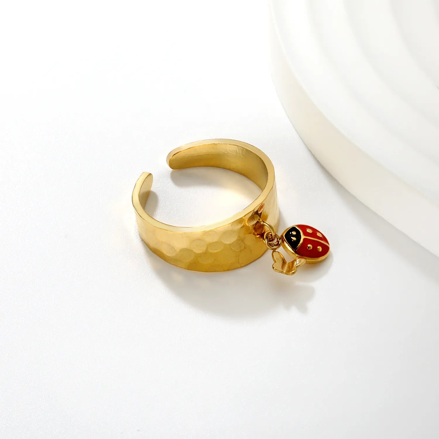 9.4mm high butterfly / freshwater pearl + seven-spotted ladybug open ring in gold #7 asonjewelry