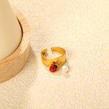 9.4mm high butterfly / freshwater pearl + seven-spotted ladybug open ring in gold #7 asonjewelry