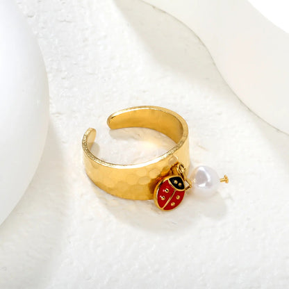 9.4mm high butterfly / freshwater pearl + seven-spotted ladybug open ring in gold #7 asonjewelry