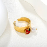 9.4mm high butterfly / freshwater pearl + seven-spotted ladybug open ring in gold #7 asonjewelry