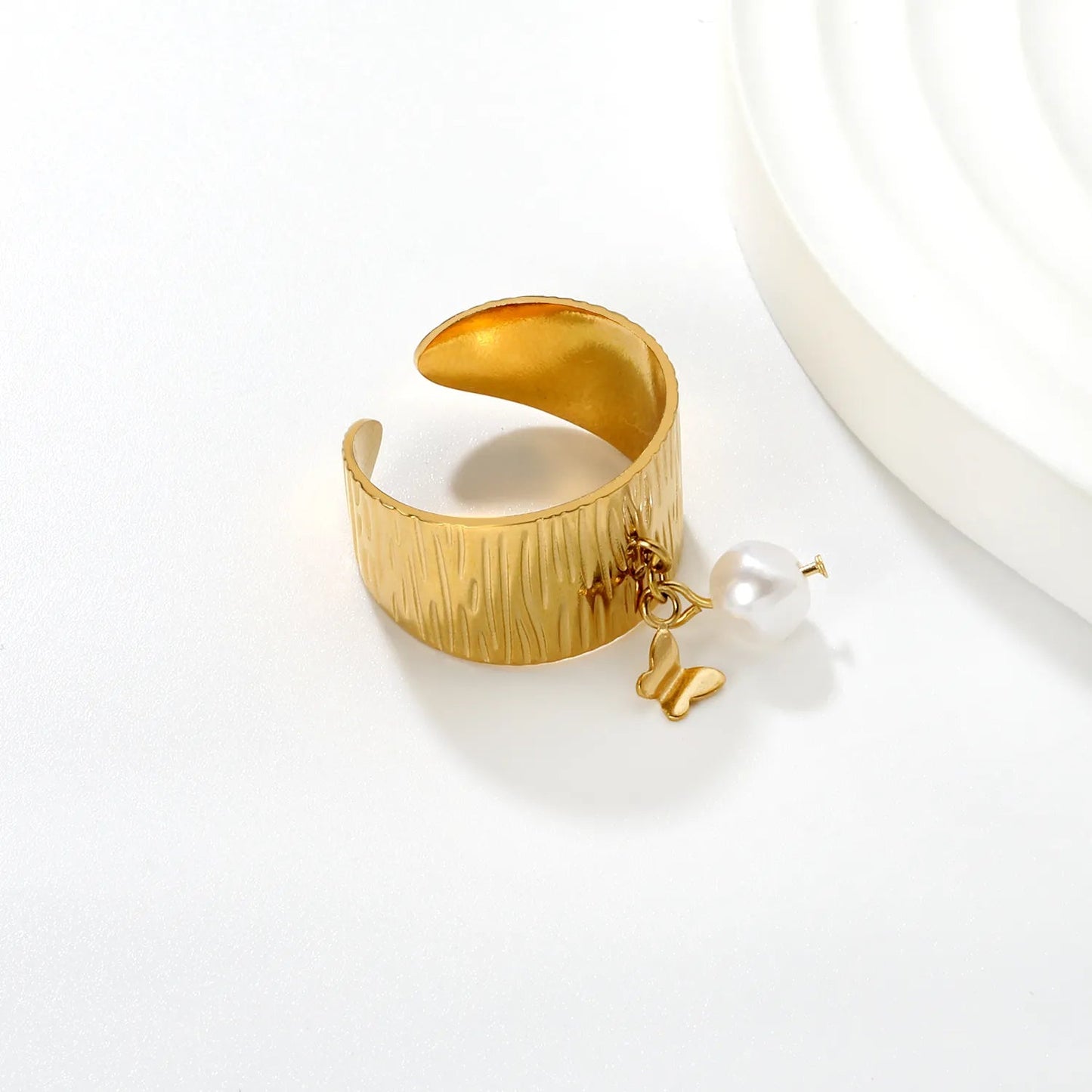 11.75mm high, special-shaped imitation pearl + heart/ butterfly / shell open ring, gold #7 asonjewelry