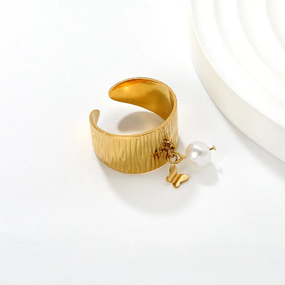 11.75mm high, special-shaped imitation pearl + heart/ butterfly / shell open ring, gold #7 asonjewelry