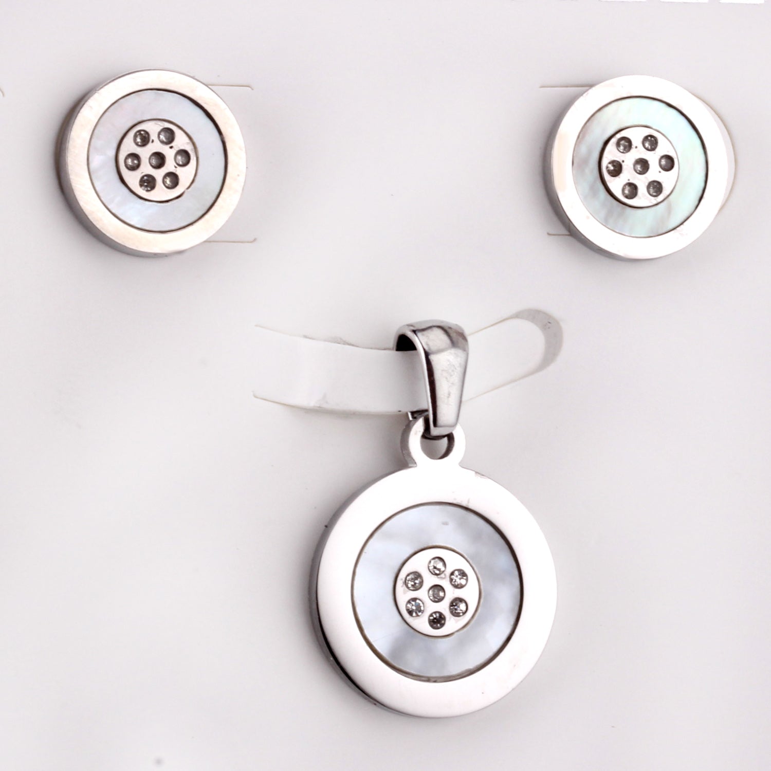 Steel/Gold Cut and Glue White Round Shells Jewelry Set asonjewelry