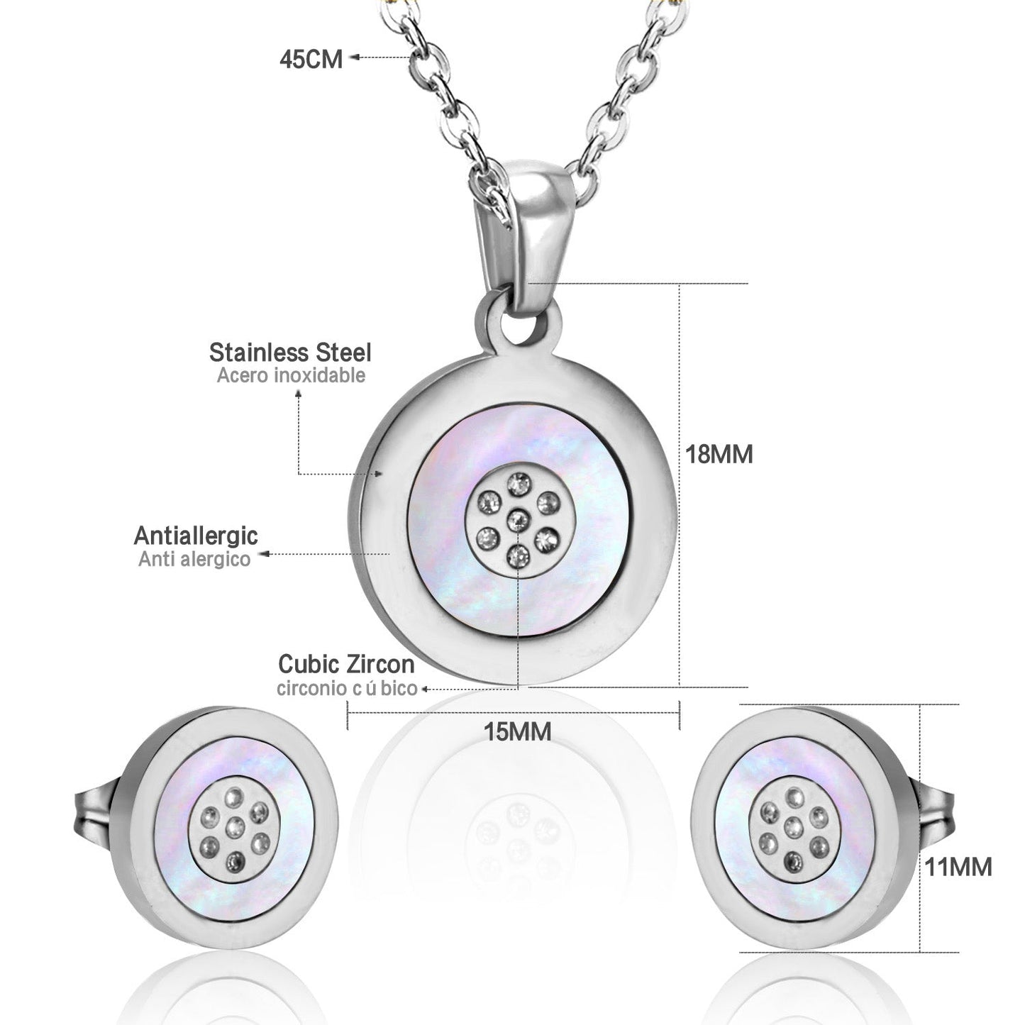 Steel/Gold Cut and Glue White Round Shells Jewelry Set asonjewelry