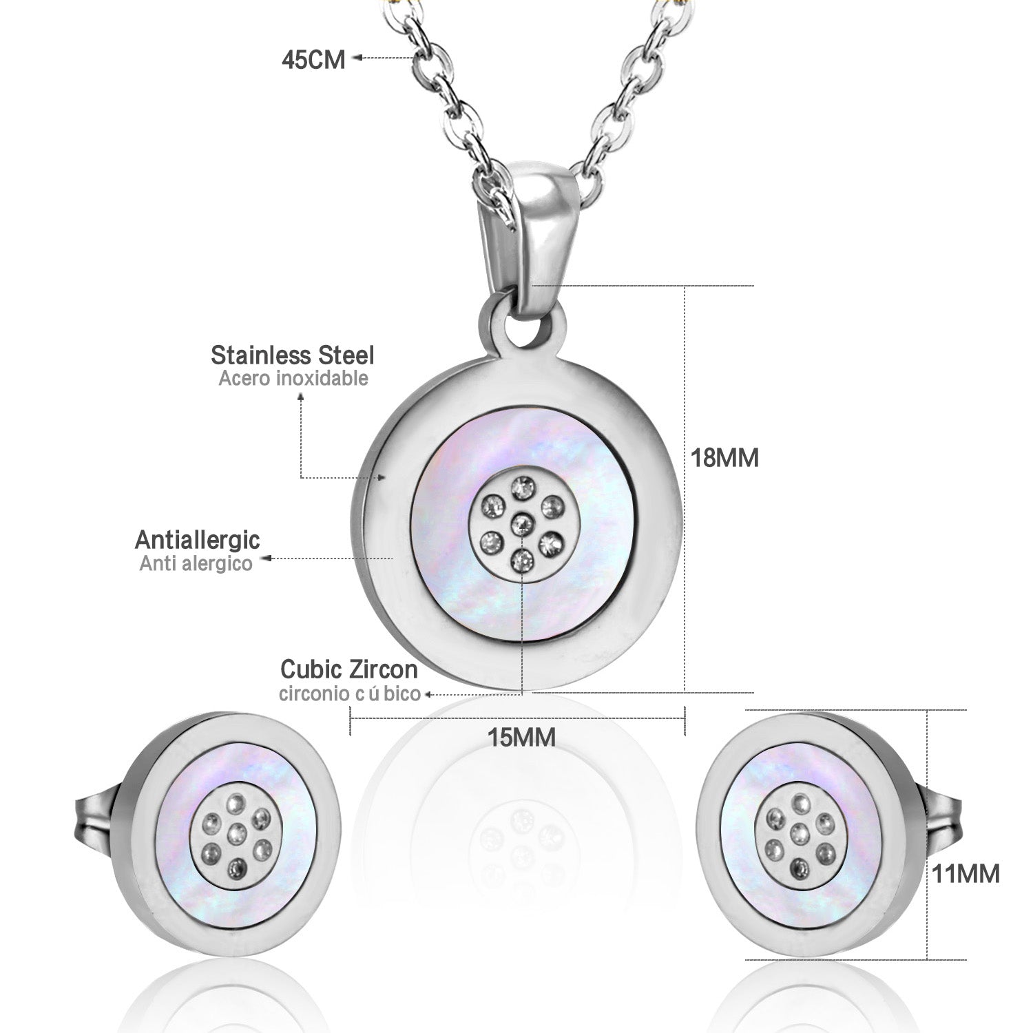 Steel/Gold Cut and Glue White Round Shells Jewelry Set asonjewelry