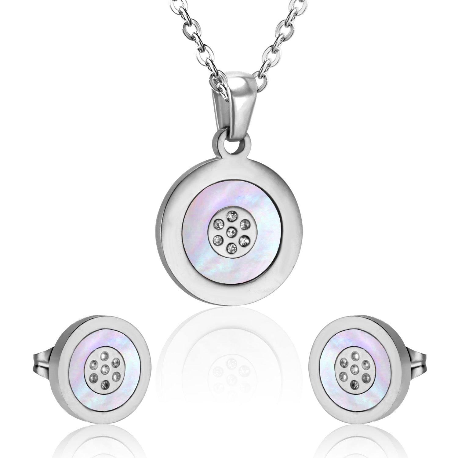 Steel/Gold Cut and Glue White Round Shells Jewelry Set asonjewelry