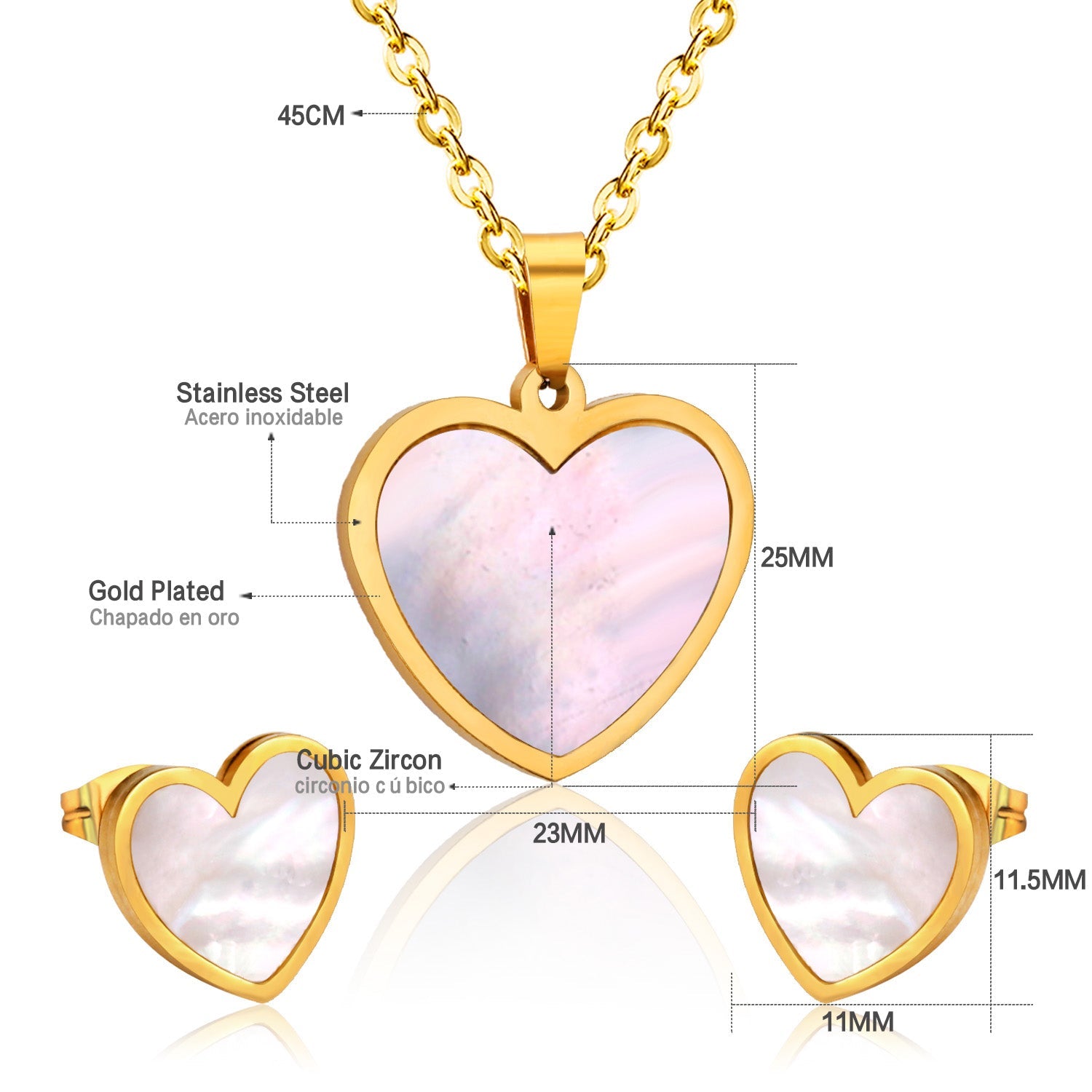 Steel/golden cut sticky heart white shell jewelry set asonjewelry