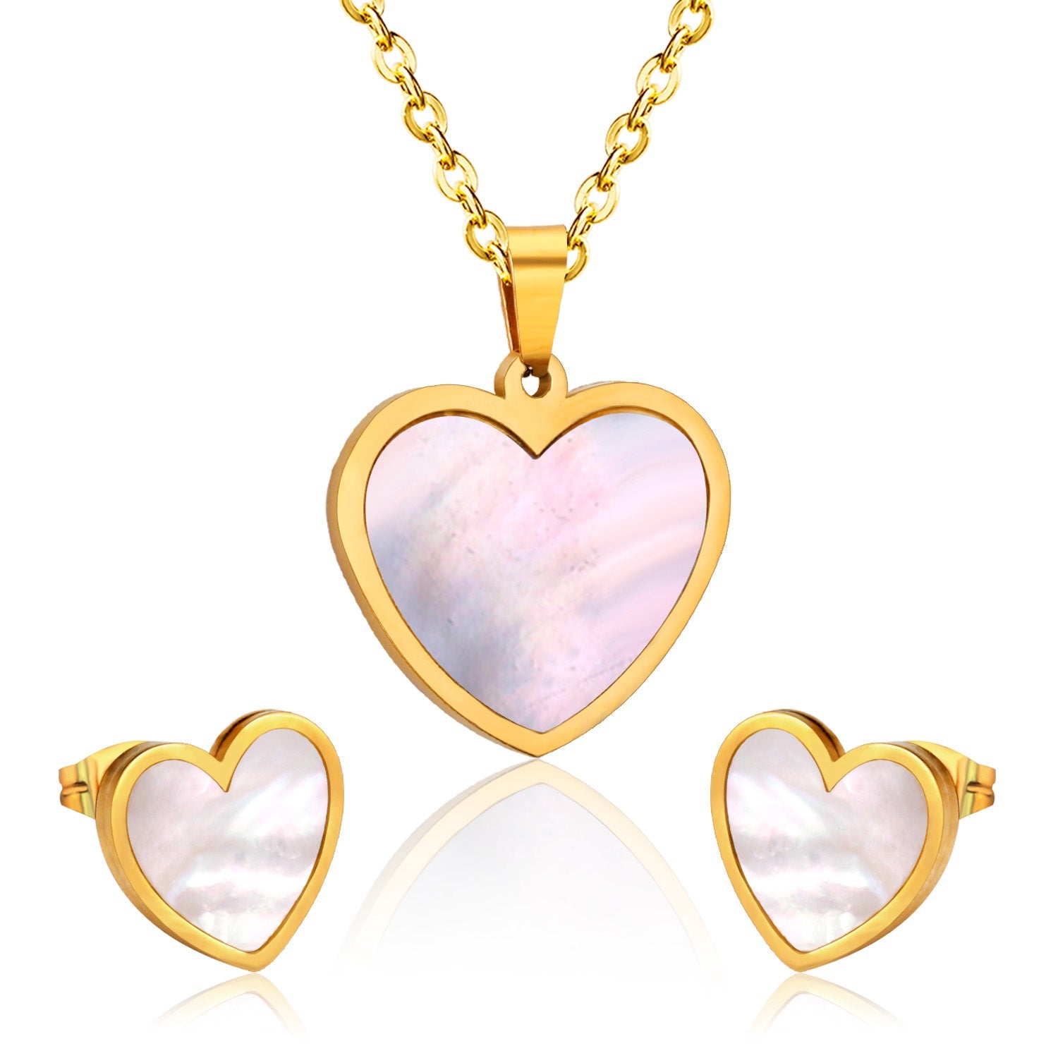 Steel/golden cut sticky heart white shell jewelry set asonjewelry