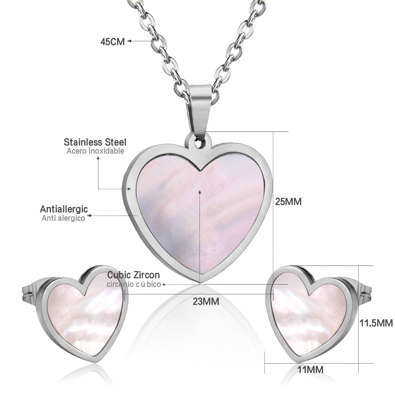 Steel/golden cut sticky heart white shell jewelry set asonjewelry